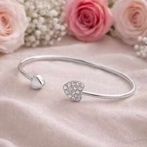 Silver Heart Open Cuff Adjustable Bangle Bracelet with Pave` Crystal Accents